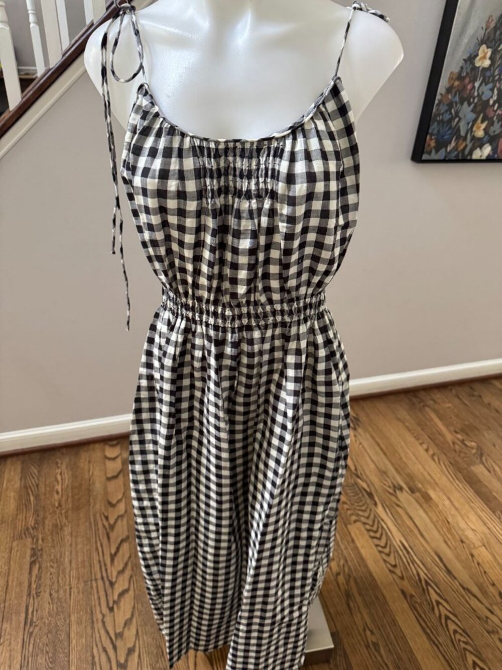 DÔEN DOEN Leslie Gingham Smocked Voile Midi Dress Black White Small - Picture 3 of 6